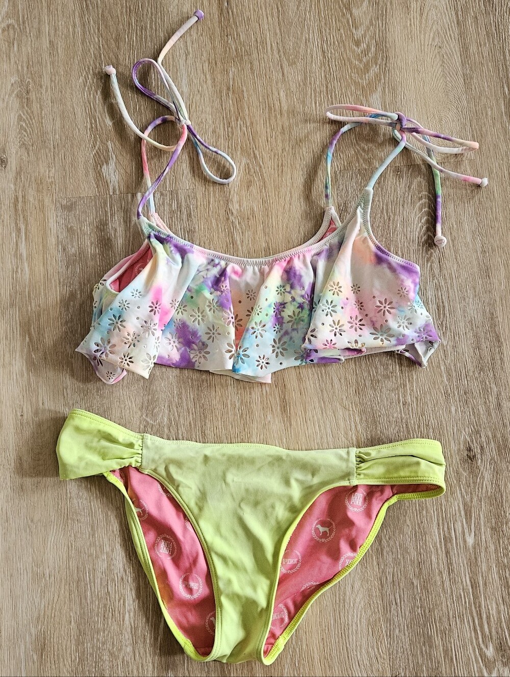 Women's Victoria's secret pink pastel neon tie dye flounce 2 piece bikini swim